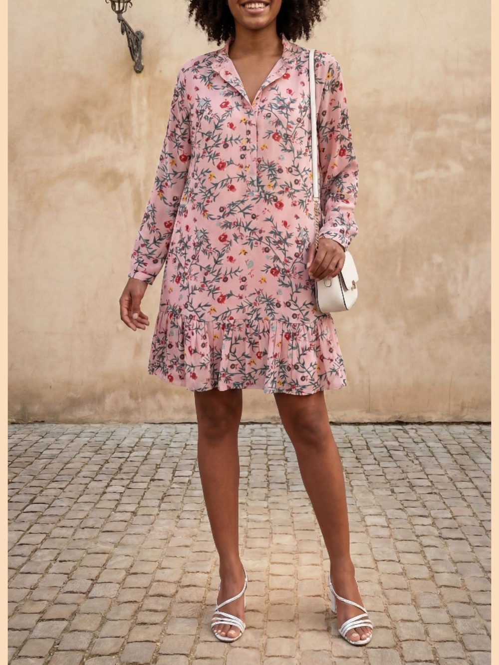 LOFT Pink Floral Ruffled Neck Shift Dress Flounce Hem XS